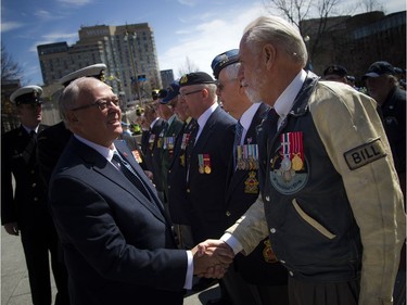 The Anniversary of the Battle of the Atlantic Ceremony to commemorate the sacrifices made by thousands of Canadians who fought in the North Atlantic took place in Ottawa Sunday May 6, 2018, at the National War Memorial. Senator George Furey, the reviewing officer, inspected the parade and spoke with the veterans. Furey also laid a wreath of behalf of Parliament.  Ashley Fraser/Postmedia