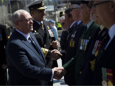 The Anniversary of the Battle of the Atlantic Ceremony to commemorate the sacrifices made by thousands of Canadians who fought in the North Atlantic took place in Ottawa Sunday May 6, 2018, at the National War Memorial. Senator George Furey, the reviewing officer, inspected the parade and spoke with the veterans. Furey also laid a wreath of behalf of Parliament.  Ashley Fraser/Postmedia