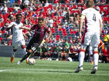 Ottawa Fury FC #88 Kevin Oliveira gets the ball around Atlanta United 2 during the game at TD Place Saturday May 12, 2018.