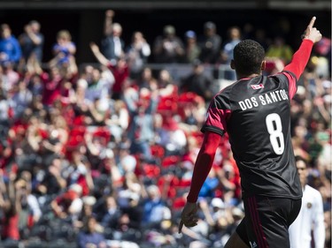 Ottawa Fury FC #8 Steevan Dos Santos points to the crowd after scoring a goal against the Atlanta United 2  at TD Place Saturday May 12, 2018.