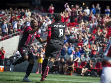 Ottawa Fury FC #8 Steevan Dos Santos celebrates with #22 Jamar Dixon after scoring a goal against the Atlanta United 2  at TD Place Saturday May 12, 2018.