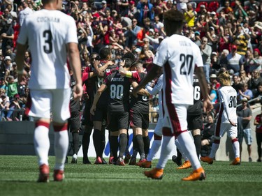 Ottawa Fury FC celebrate after #8 Steevan Dos Santos scored in the first half against the Atlanta United 2  at TD Place Saturday May 12, 2018.