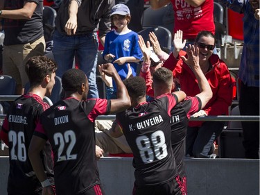 Ottawa Fury FC celebrate after #9 Carl Haworth scored in the first half against the Atlanta United 2  at TD Place Saturday May 12, 2018.