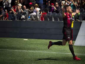 Ottawa Fury FC celebrate after #9 Carl Haworth scored in the first half against the Atlanta United 2  at TD Place Saturday May 12, 2018.