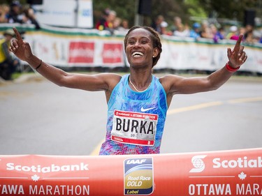 Gelete Burka was the top women to finish the marathon Sunday May 27, 2018 at Ottawa Race Weekend.    Ashley Fraser/Postmedia