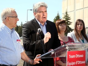 Liberal MPP for Ottawa South, John Fraser (along with, from left: Ottawa West-Nepean MPP Bob Chiarelli, Ottawa-Orleans MPP Marie-France Lalonde and Liberal candidate for Kanata-Carleton, Stephanie Magnum) held a press conference outside CHEO Wednesday (May 9, 2018) to release audiotape of Dr. Merrilee Fullerton - the PC candidate for Kanata-Carleton - where she discusses the privatization of healthcare. Julie Oliver/Postmedia