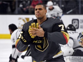 Ryan Reaves #75 of the Vegas Golden Knights stretches during warmups before a game against the Los Angeles Kings at T-Mobile Arena on February 27, 2018 in Las Vegas, Nevada.