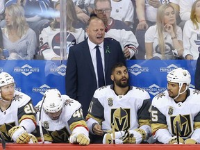 Head coach Gerard Gallant of the Vegas Golden Knights reacts during the first period against the Winnipeg Jets in Game Five of the Western Conference Finals during the 2018 NHL Stanley Cup Playoffs at Bell MTS Place on May 20, 2018 in Winnipeg.