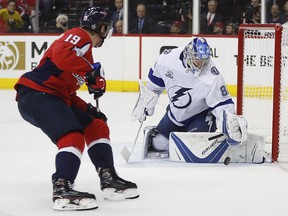 Tampa Bay Lightning goaltender Andrei Vasilevskiy (88) stops a shot by Washington Capitals centre Nicklas Backstrom (19) Thursday, May 17, 2018, in Washington. (AP Photo/Pablo Martinez Monsivais)