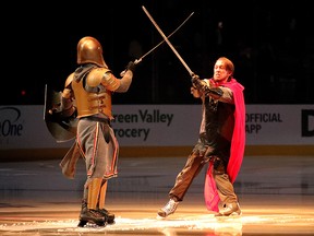 The Golden Knight performs with the Washington Capitals swordsman prior to Game 1 of the Stanley Cup final at T-Mobile Arena on May 28, 2018 in Las Vegas. (Bruce Bennett/Getty Images)