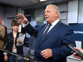 PC Leader Doug Ford speaks after the Provincial leaders debate at the City building at Yonge Dundas Sq in Toronto, Ont. on Monday May 7, 2018. (Dave Abel/Postmedia Network)