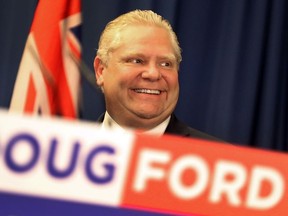 PC Leader Doug Ford speaks to media a the Double-Tree by Hilton Hotel in Mississauga, Ont. on Thursday May 10, 2018. Dave Abel/Toronto Sun/Postmedia Network