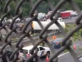 News 12 New Jersey shared this video on Twitter taken shortly after a crash involving a school bus and a dump truck on a New Jersey highway on Thursday. (Twitter)