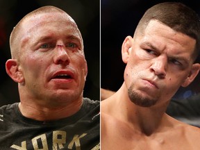 This combination photo shows Georges St-Pierre, left, and Nate Diaz. UFC president Dana White says he's hoping St-Pierre and Diaz would face off at UFC 227 in August. (Mike Stobe and Steve Marcus/Getty Images)