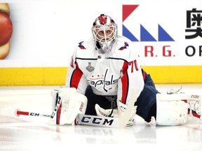 Braden Holtby warms-up prior to Game 2of the Stanley Cup final on Wednesday night in Las Vegas. The Capitals goaltender was the selection of former Washington GM George McPhee, now with the Golden Knights.  (Bruce Bennett/Getty Images)