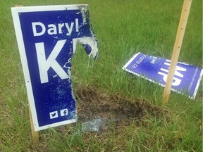 One of the election signs that was set on fire in Bancroft.