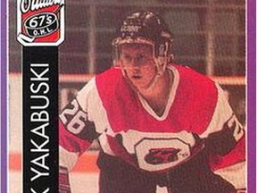Mark Yakabuski as he appeared in a 1992-03 Ottawa 67's hockey card.