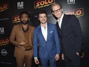 Donald Glover, from left, Alden Ehrenreich and Paul Bettany attend a special screening of "Solo: A Star Wars Story" at SVA Theatre on Monday, May 21, 2018, in New York.