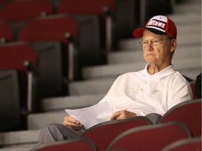Former coach Brian Kilrea sits in the stands watchin Ottawa 67's training camp in 2016.
