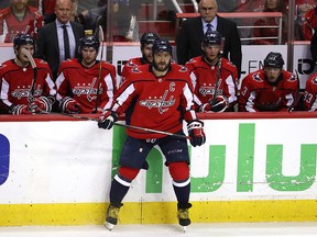 Alex Ovechkin of the Washington Capitals looks on against the Tampa Bay Lightning at Capital One Arena on May 17, 2018 in Washington, DC. (Patrick Smith/Getty Images)