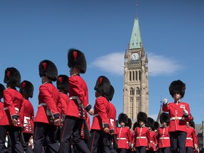 Ceremonial guardsmen perform the Changing the Guard on Parliament Hill July 23, 2016. The popular tourist attraction takes place on the lawn in front of Centre Block every morning from late June through late August.