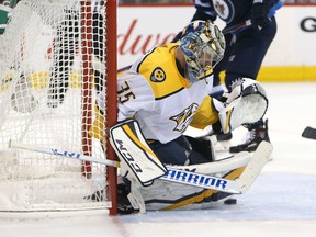 Nashville Predators goalie Pekka Rinne makes a save against the Winnipeg Jets during the second round of  the Stanley Cup Playoffs. (Jason Halstead/Getty Images)