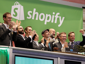 The Shopify team ring the New York Stock Exchange opening bell, marking the Canadian company's IPO on May 21, 2015.
