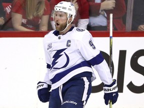 Steven Stamkos of the Tampa Bay Lightning celebrates after scoring against the Washington Capitals at Capital One Arena on May 15, 2018 in Washington, DC. (Patrick Smith/Getty Images)