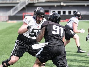Offensive lineman Tyler Young, (53)  a former Carleton Raven, hopes to earn a spot with the Redblacks.