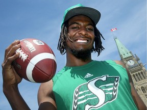 Saskatchewan wide receiver — and sometimes cornerback — Duron Carter posed during the Roughriders' walkthrough on the Parliament Hill front lawn on Wednesday, June 20, 2018. Carter will line up on defence against the Redblacks due to an injury to cornerback Nick Marshall.