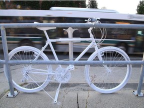 A ghost bike memorial for cyclist Bob D'Aloisio sits at the corner of Paris Street and Indian Road in Sudbury, Ont. on Monday September 11, 2017.D'Aloisio was struck by a vehicle around 10:30 p.m. last Monday and was transported to hospital, where he succumbed to his injuries.Gino Donato/Sudbury Star/Postmedia Network