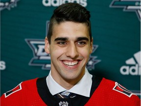 Kevin Mandolese speaks to the media after being selected 157th overall by the Senators during the NHL draft in Dallas.