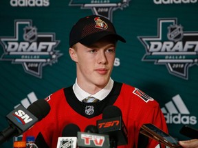 Jacob Bernard-Docker speaks to the media after being selected 26th overall by the Senators on Friday night in Dallas.