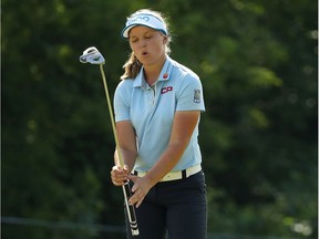 Brooke Henderson of Smiths Falls reacts to a missed birdie putt on the 15th green during the third round of the 2018 KPMG PGA Championship in Kildeer, Ill., on Saturday.