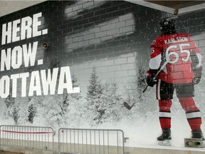 An image of Erik Karlsson appears on the side of the Canadian Tire Centre in mid-June.  Julie Oliver/Postmedia