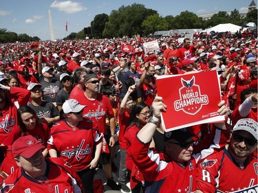 Fans cheer on the National Mall ahead of a victory parade and rally for the Capitals.