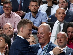 Brady Tkachuk reacts after being selected fourth overall by the Ottawa Senators during the first round of the 2018 NHL Draft at American Airlines Center on June 22, 2018 in Dallas, Texas.  (GETTY IMAGES/PHOTO)