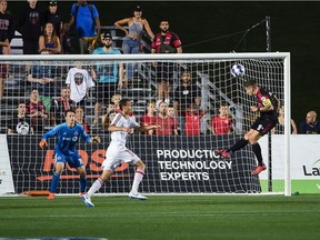 Fury FC captain Carl Haworth heads a shot toward the Toronto FC II goal during a United Soccer League match at TD Place stadium on Wednesday. Steve Kingsman/Freestyle Photography/Ottawa Fury FC