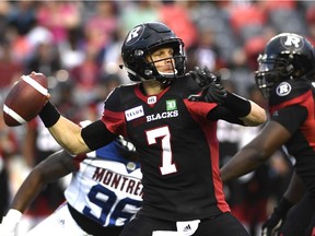 Ottawa Redblacks quarterback Trevor Harris (7) makes a pass against the Montreal Alouettes during first half pre-season CFL action in May.