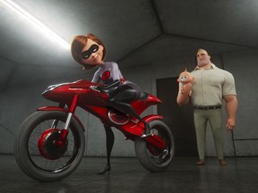 This image released by Disney Pixar shows the character Helen/Elastigirl, voiced by Holly Hunter, left, and Bob/Mr. Incredible, voiced by Craig T. Nelson in "Incredibles 2," in theaters on June 15.