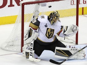 Vegas Golden Knights goaltender Marc-Andre Fleury lets a shot get past him during Game 4 of the Stanley Cup final Monday, June 4, 2018, in Washington. (AP Photo/Pablo Martinez Monsivais)