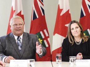 Minister of Foreign Affairs Chrystia Freeland, right, sits for a meeting with Ontario Premier-designate Doug Ford in Toronto, on Thursday, June 14, 2018. (THE CANADIAN PRESS/Nathan Denette)