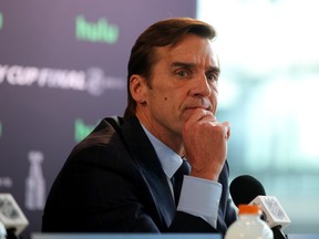 General manager George McPhee of the Vegas Golden Knights answers questions during Media Day for the NHL Stanley Cup Final at T-Mobile Arena on May 27, 2018 in Las Vegas, Nevada.  (GETTY IMAGES)