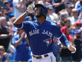 Toronto Blue Jays' Teoscar Hernandez celebrates after hitting a two-run home run in the fifth inning during MLB game action against the Baltimore Orioles at Rogers Centre on June 10, 2018 in Toronto.