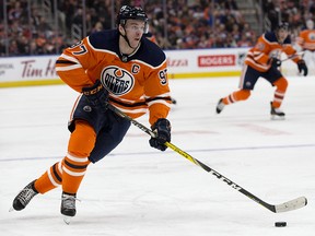 Edmonton Oilers star Connor McDavid (97) battles the Columbus Blue Jackets in Edmonton Tuesday March 27, 2018. (David Bloom/Postmedia)