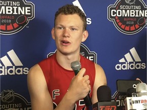 Boston University forward Brady Tkachuk meets with reporters after participating in the testing portion of the NHL pre-draft scouting combine in Buffalo on Saturday.