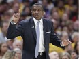 Dwane Casey gestures against the Cleveland Cavaliers in the first half of Game 4 of the Toronto Raptors' NBA basketball second-round playoff series, Monday, May 7, 2018, in Cleveland.