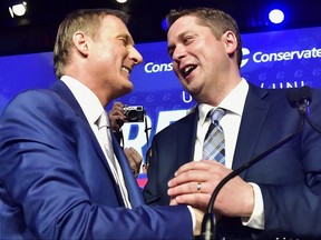 Andrew Scheer, right, is congratulated by Maxime Bernier after being elected the new leader of the federal Conservative party at a leadership convention in Toronto on May 27, 2017. Scheer has removed Bernier as innovation critic after Bernier published an excerpt of his book online.