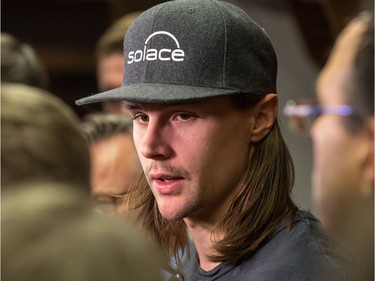 Erik Karlsson discusses his future with the media as the Senators cleared out their lockers at Canadian Tire Centre in April.