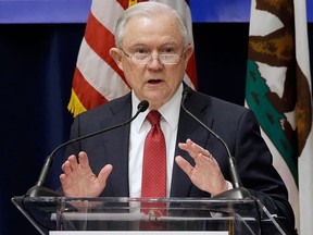 U.S. Attorney General Jeff Sessions addresses the California Peace Officers' Association 26th Annual Law Enforcement Legislative Day, March 7, 2018, in Sacramento, Calif. (AP Photo/Rich Pedroncelli)